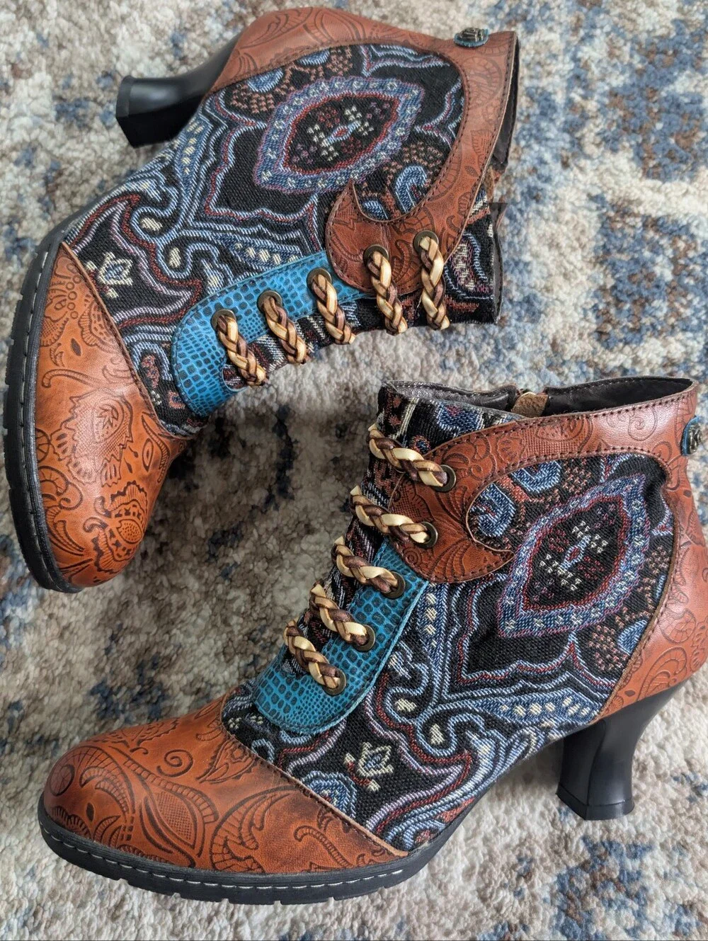 Socofy Ankle Boots Colorful Leather Boho Hippie Zip Up Bootie Womens